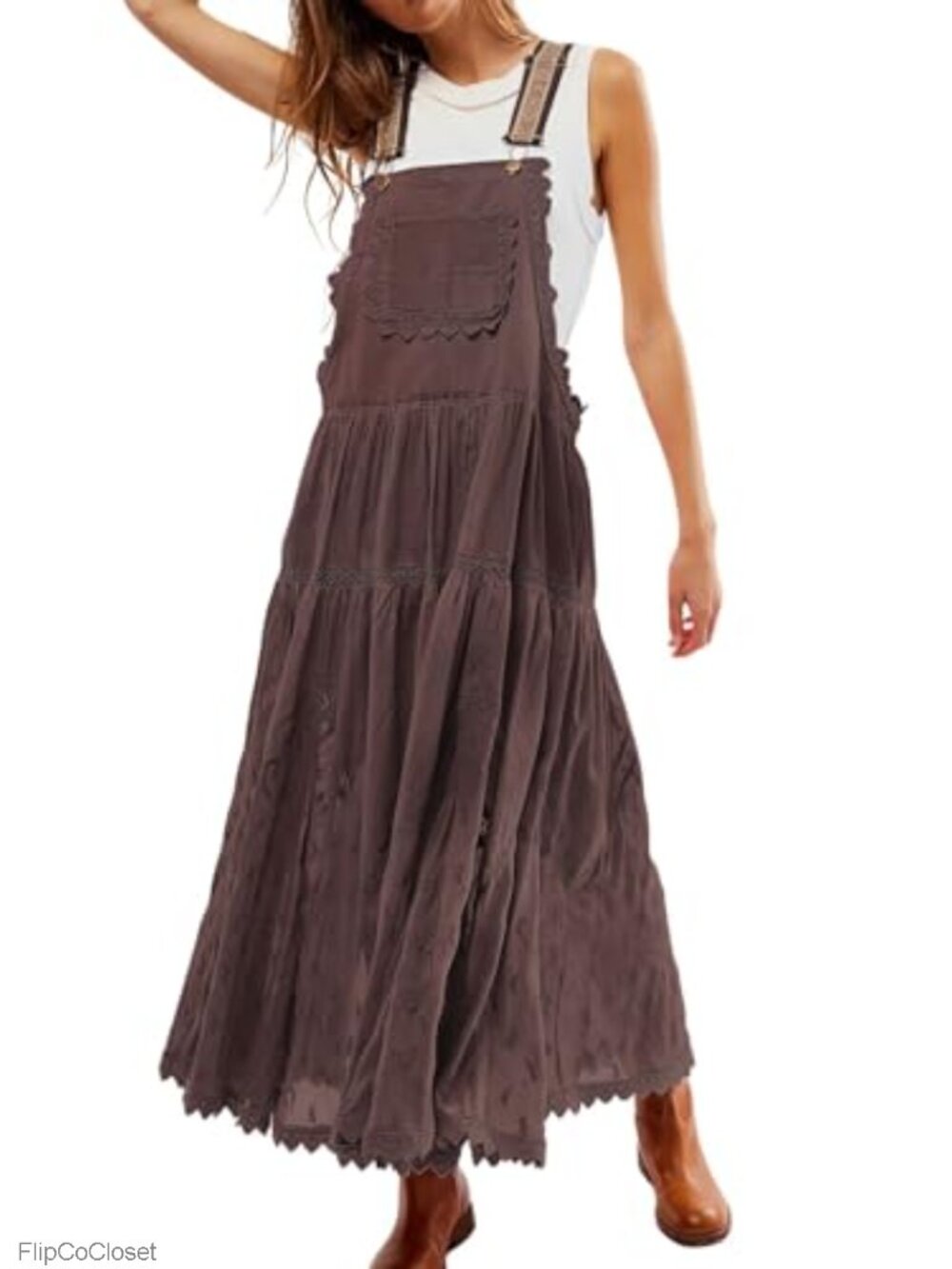 Women's Lace Embroidered Maxi Dress Adjustable Strap Tiered Swing with Pockets